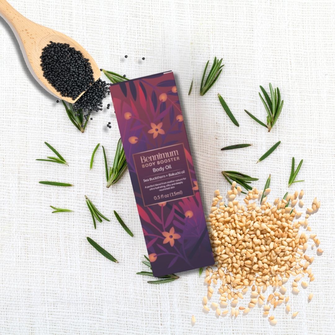 Bennimum carton box (15ml) with leaves, black gram and sesame seeds.