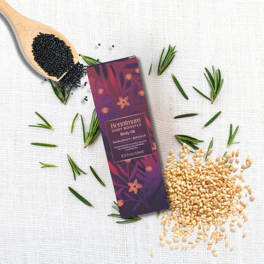 Bennimum carton box (15ml) with leaves, black gram and sesame seeds.  