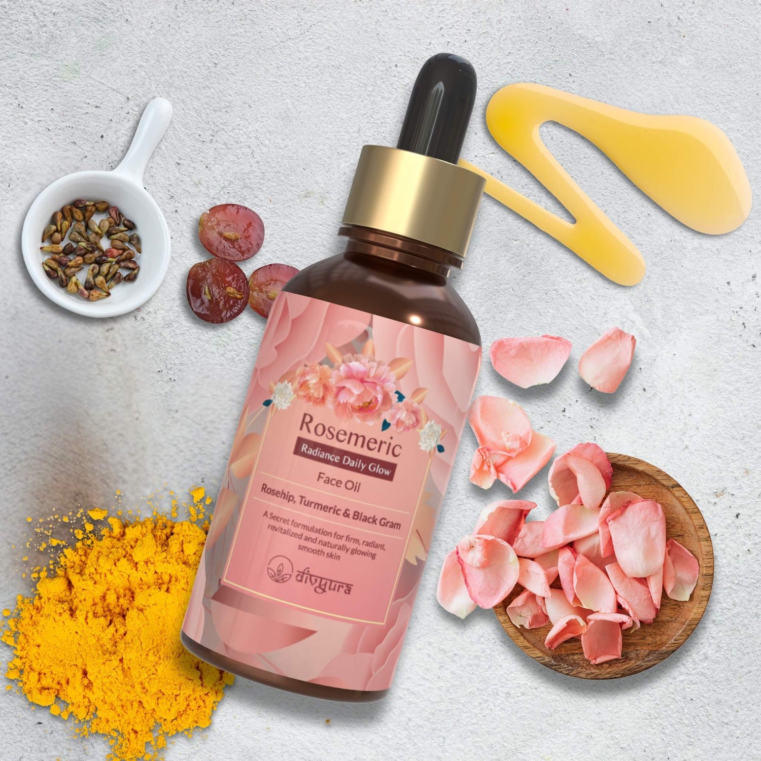 Rosemeric Radiance daily glow face oil with some of it's ingredients