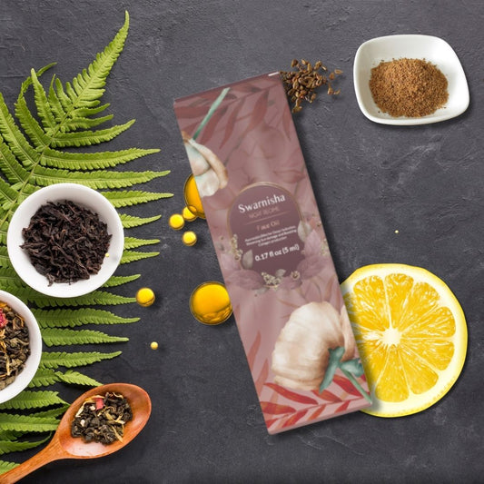 Swarnisha Night Regime Face oil (5ml) with some natural ingredients on slab